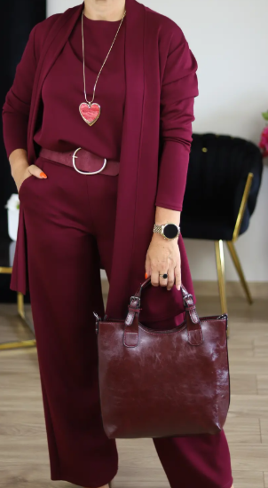 Elegant 3-delt sett som består av en lang cardigan, en topp og en bukse