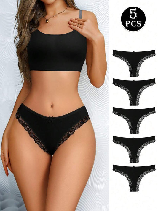 Conjunto de 5 calcinhas fio dental pretas de algodão com detalhes em renda e laço delicado. Modelo minimalista sem costura.