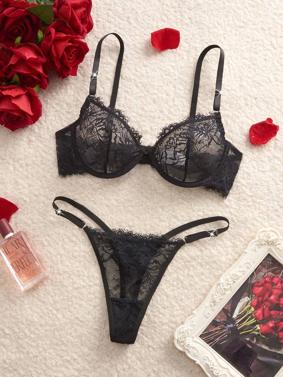 Snug Zone Conjunto de Lingerie de Sutiã com Arame e Calcinha com Renda de Cílios