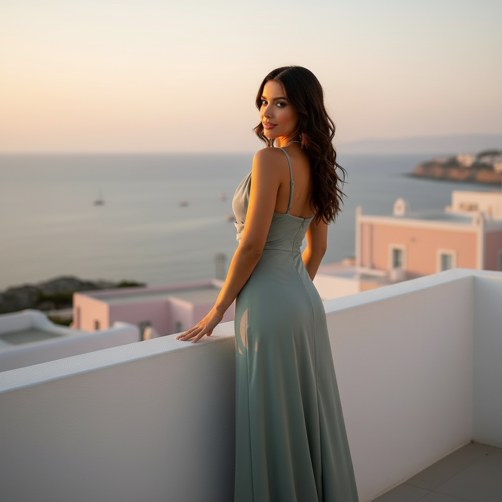 Robe midi femme drapée, dos nu avec fente. - 2
