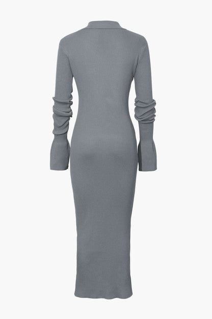 Shell Sleeve Ribbed Buttons Down Maxi Dress Mesh