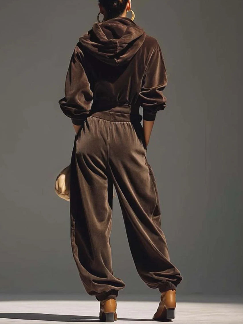 Olivia™ | Vintage-braunes Samt-Hoodie- und Relaxed-Hosen-Set