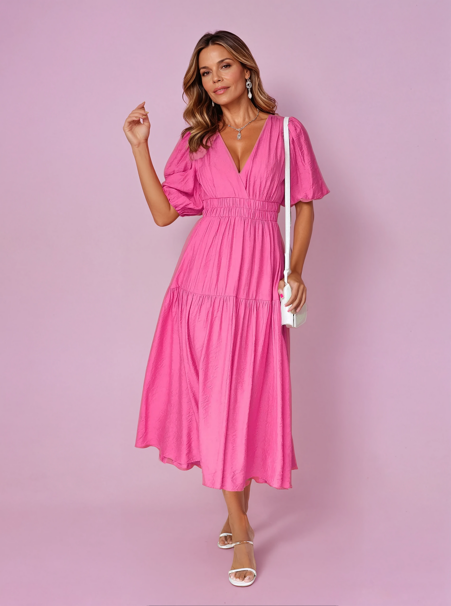 Women's V-Neck Puff Sleeve Midi Dress with Smocked Waist