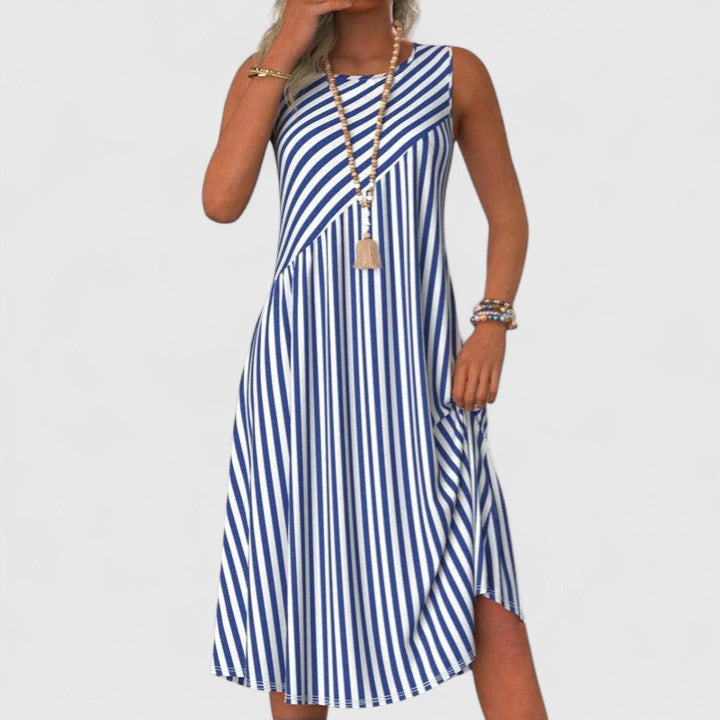 Women's Striped Sleeveless Midi Dress Round Neck Summer Dress