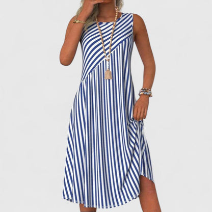 Women's Striped Sleeveless Midi Dress Round Neck Summer Dress