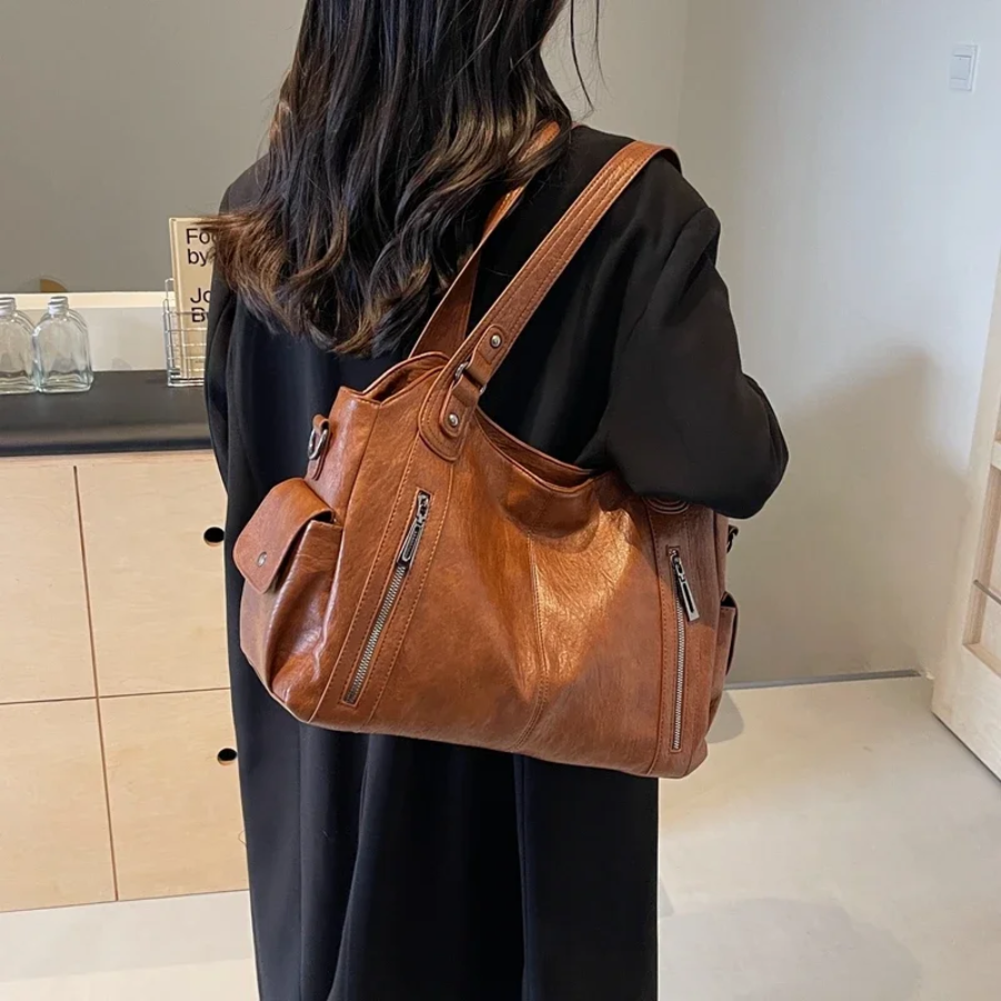 Leather Tote Bag Large Shoulder Handbag Zip Pocket Everyday Spring