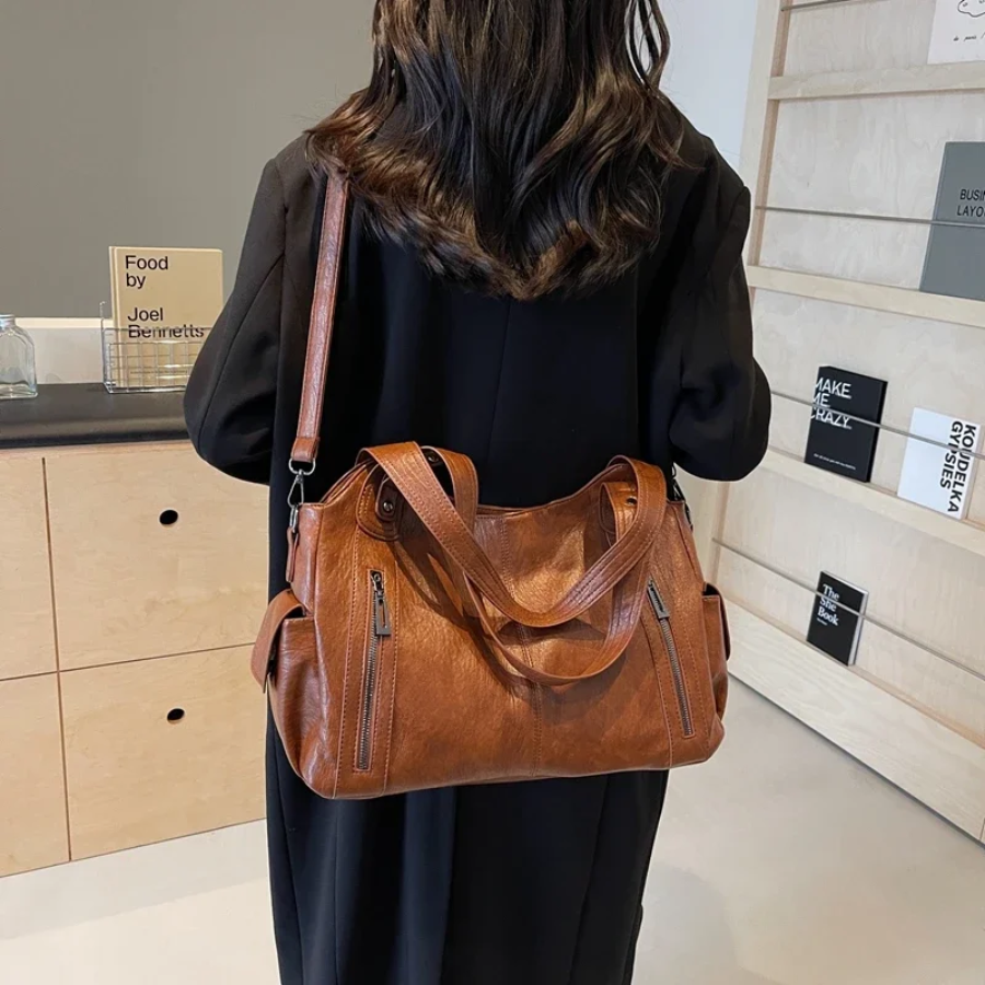 Leather Tote Bag Large Shoulder Handbag Zip Pocket Everyday Spring