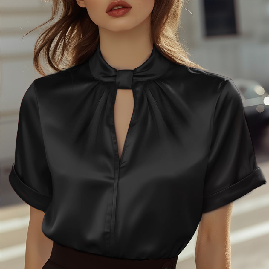 Weiße Satinbluse für Damen | Schlüssellochausschnitt