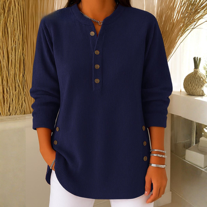 Sudadera Mujer Texturizada Con Botones – Suéter Casual De Manga Larga