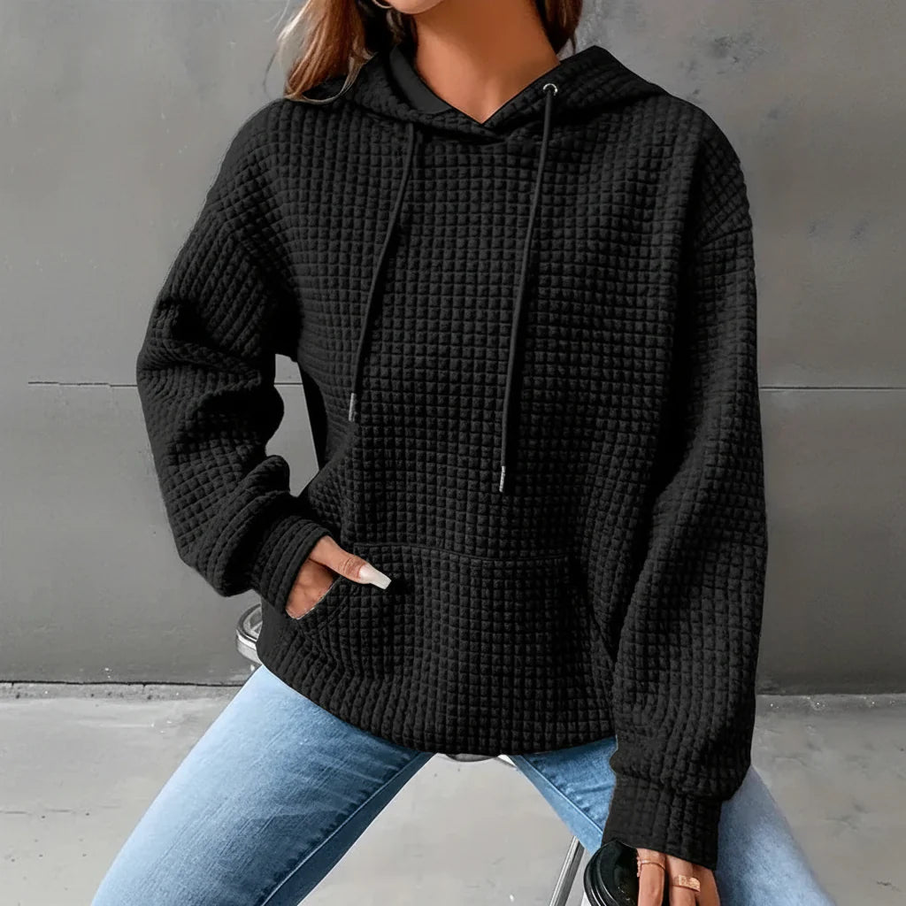 Waffle Grid Kangaroo Pocket Drawstring Hoodies Sweatshirt