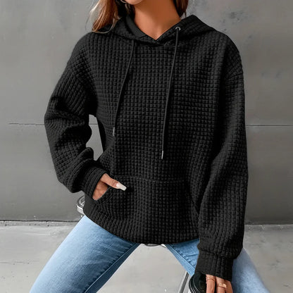 Waffle Grid Kangaroo Pocket Drawstring Hoodies Sweatshirt