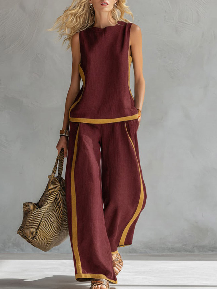 Virelya | Linnen 2-delige Set voor Dames – Elegante Mouwloze Top & Wide-Leg Broek