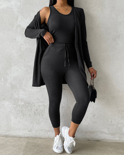 Women’s 3 Piece Lounge Set – Sleeveless Top, Open Front Cardigan & Relaxed Fit Pants