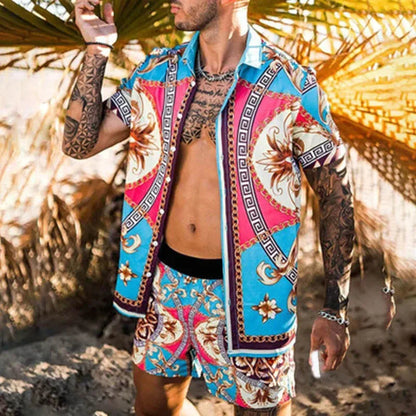 Men’s Summer Two Piece Set Printed Shirt and Shorts Lightweight Breathable Holiday Outfit