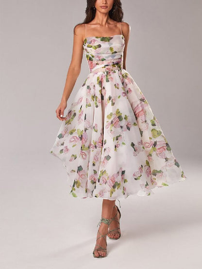 Women's Floral Spaghetti Strap A-Line Midi Dress