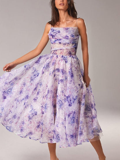 Women's Floral Spaghetti Strap A-Line Midi Dress