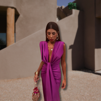Robe longue femme élégante drapée col V sans manches fente soirée chic