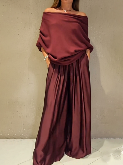 Women's Silk Satin Lounge Set Two Piece Wide Leg Trousers Off Shoulder Top