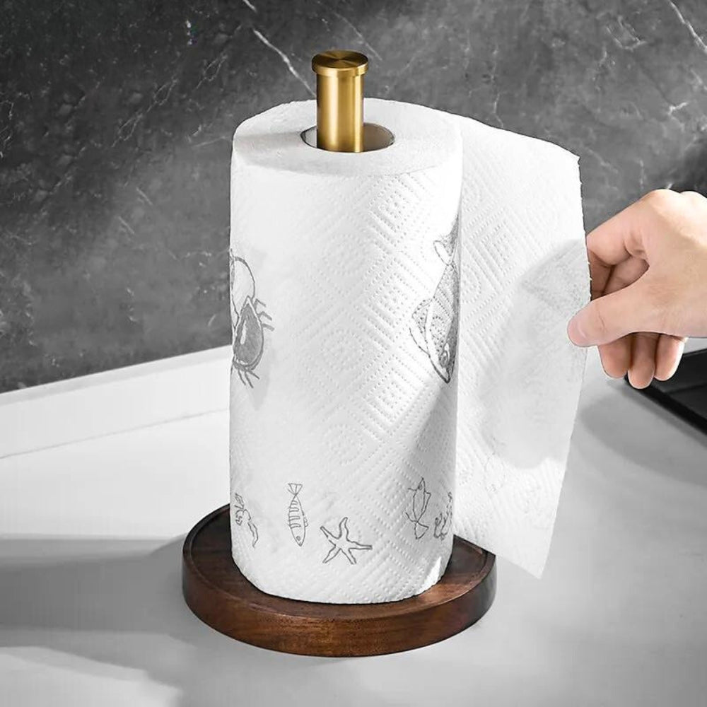 Keukenrolhouder Walnoot Hout Goud RVS 27cm Aanrecht | Keukenpapier Houder Staand Luxe Keuken | Restfield