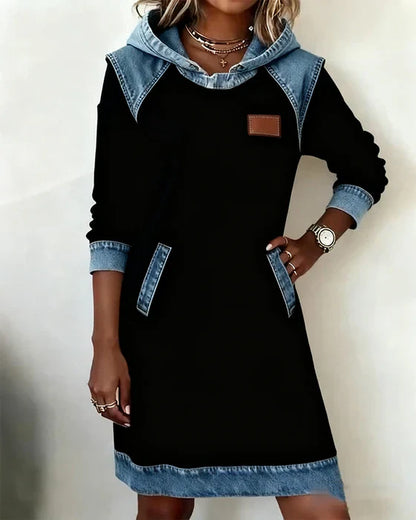Hooded Sweatshirt Women Fleece Dress Denim Trim Hoodie