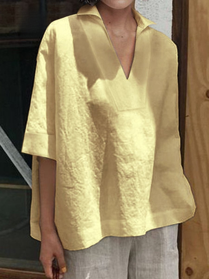 Women's Linen Blouse V-Neck Loose Fit Tunic Top