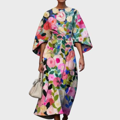 Reina - Vestido Midi Floral com Cintura Marcada