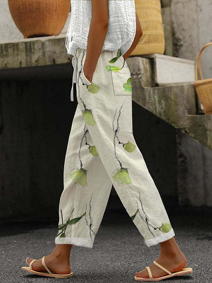 Women's Straight Leg Linen Look Trousers with Elastic Waistband