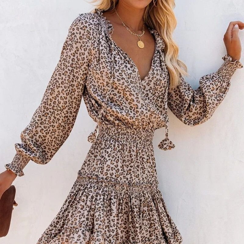 Leopard Print Cotton Mini Dress with Smocked Waist and Long Sleeves for Spring