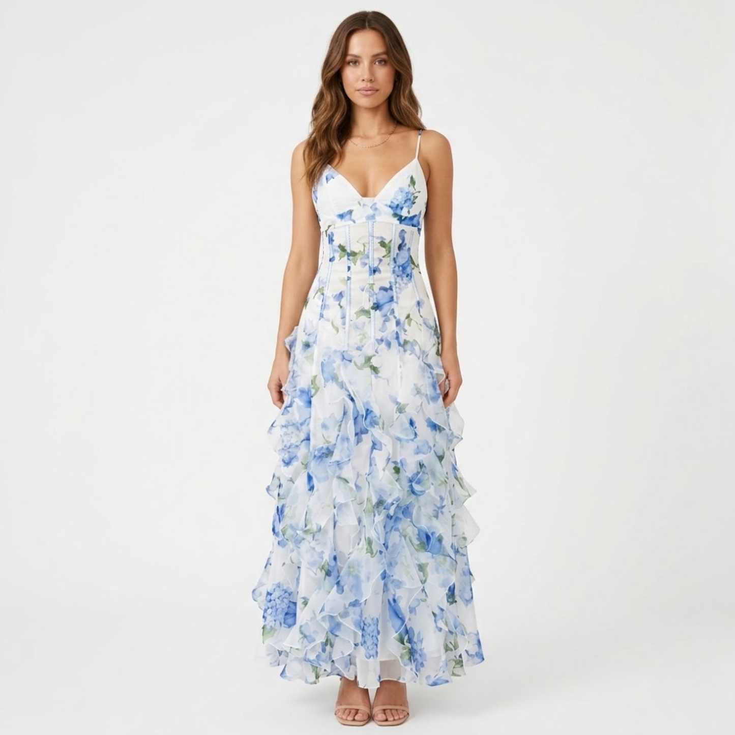 Robe Longue Fleurie à Volants avec Bustier Corset et Fines Bretelles