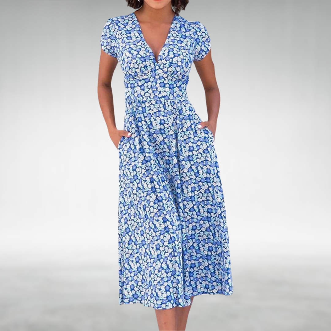 Women's Floral V-Neck Pocket Midi Dress