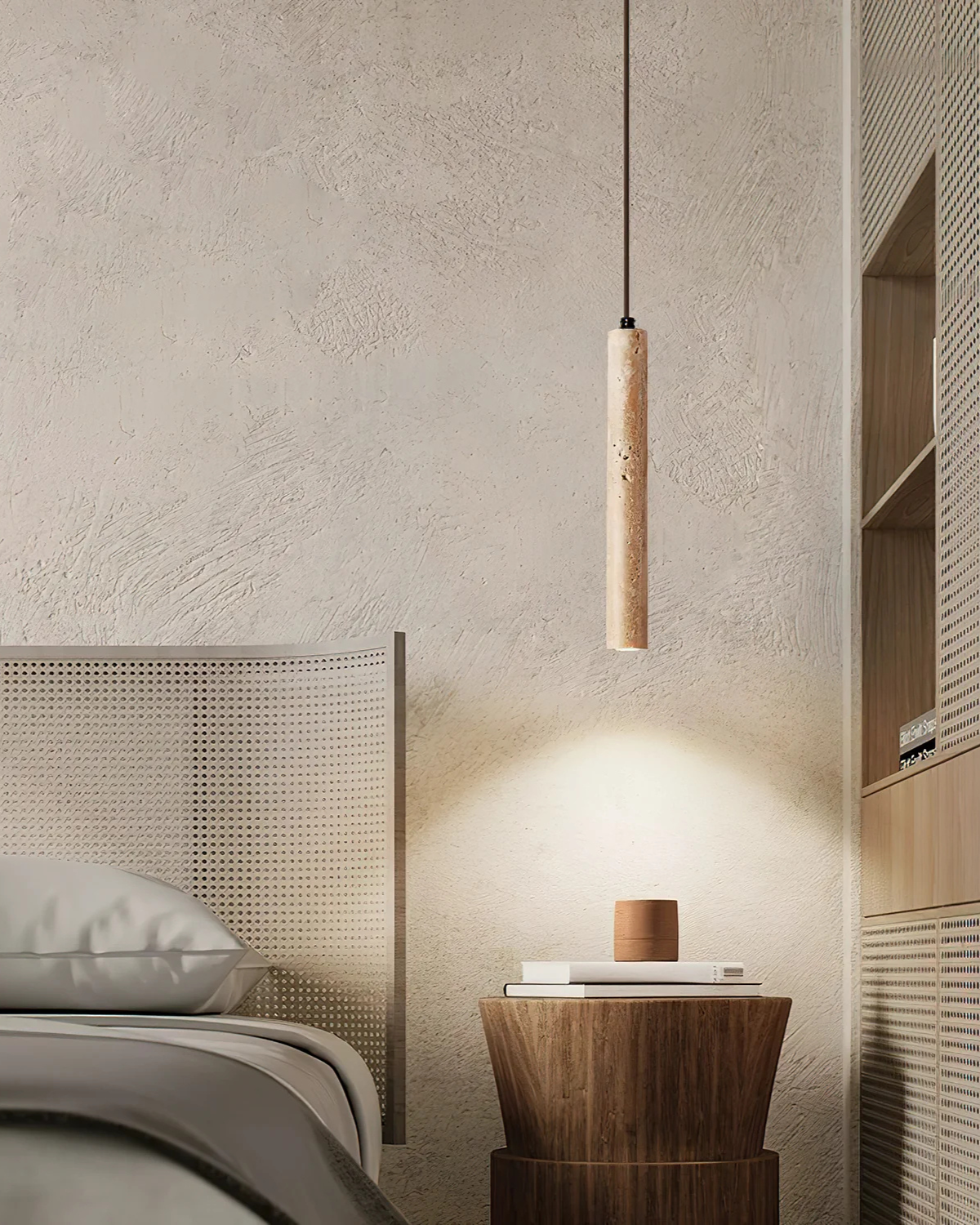 Natuurlijke travertin hanglamp met cilindervormig design voor eetkamer en hal – Japandi natuursteen verlichting | Restfield
