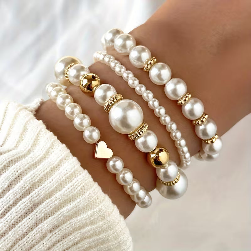 Conjunto de Pulseiras de Pérolas Brancas