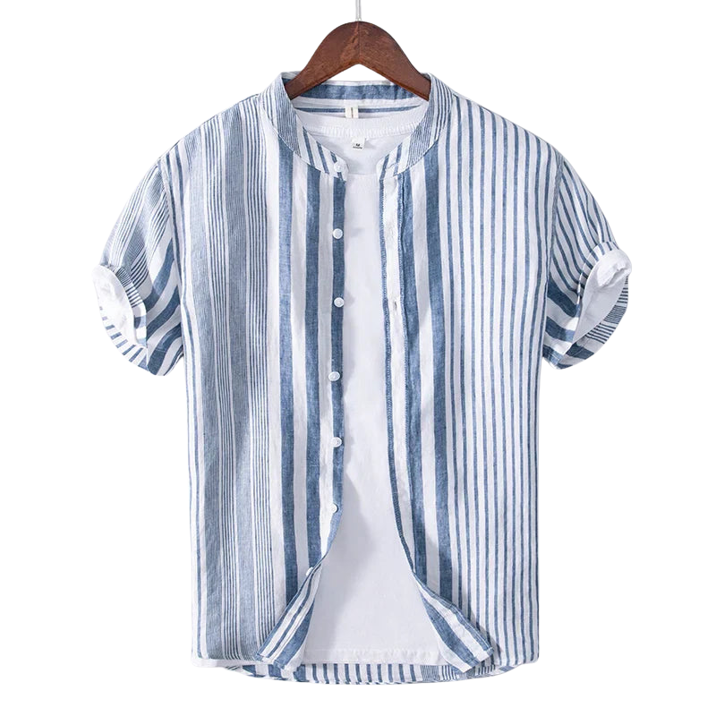 Chemise à manches mi-longues en lin à col rond avec poche poitrine