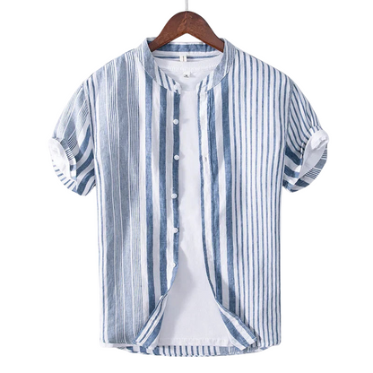 Chemise à manches mi-longues en lin à col rond avec poche poitrine