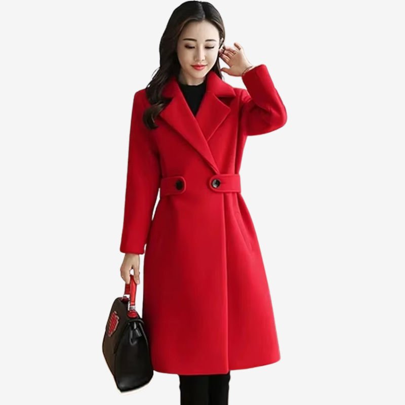 Faith - Long Sleeve Long Coat with Belted Waist and Side Pockets