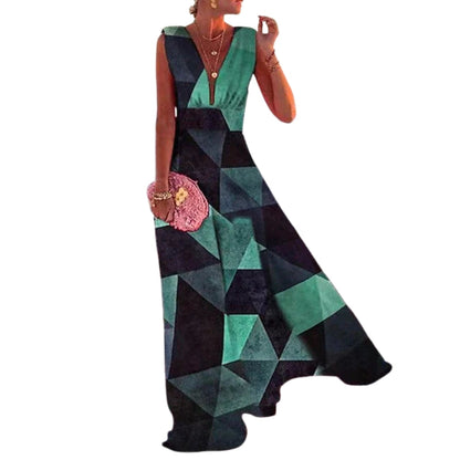 Robe longue sans manches à col V avec jupe fluide