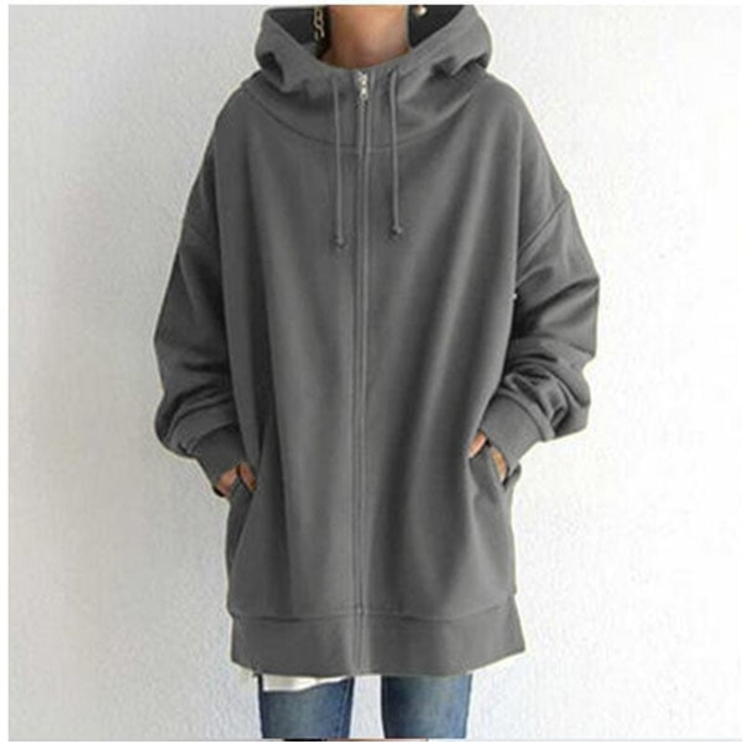 Sweat à capuche gris unisexe, ample et confortable, avec fermeture éclair, poches avant, manches longues, idéal pour mode décontractée automne-hiver.