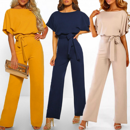 Women's Belted Wide Leg Jumpsuit Batwing Sleeve Elegant
