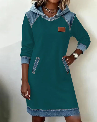 Hooded Sweatshirt Women Fleece Dress Denim Trim Hoodie