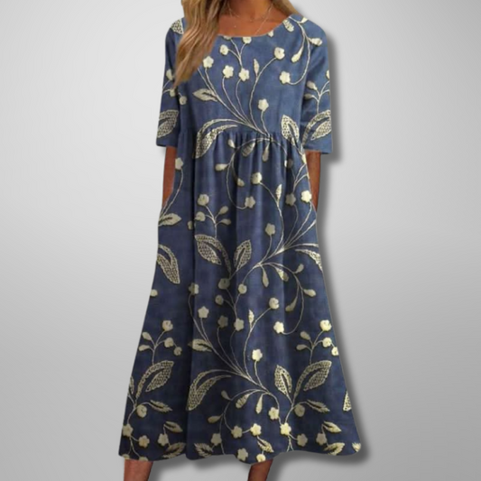 Women's Floral Print Round Neck Midi Dress
