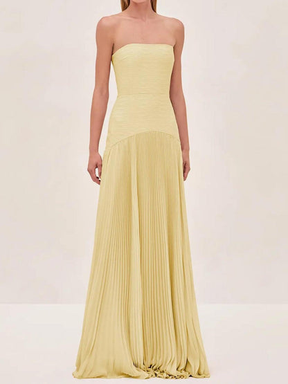 Women's Strapless Pleated Maxi Wedding Guest Dress
