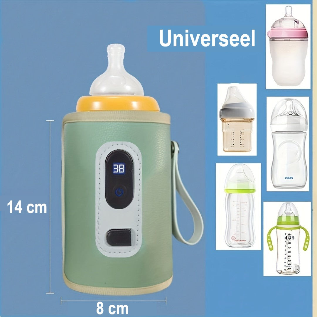 Chauffe-biberon portable vert avec affichage numérique, 14 cm de hauteur, 8 cm de largeur, comparé à divers biberons modernes sur fond bleu.