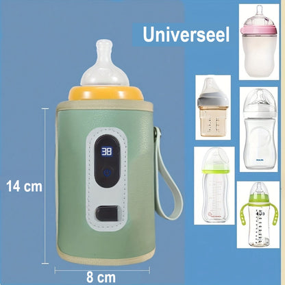 Chauffe-biberon portable vert avec affichage numérique, 14 cm de hauteur, 8 cm de largeur, comparé à divers biberons modernes sur fond bleu.