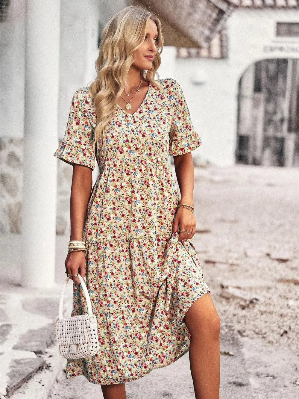 Robe Midi Fleurie Femme à Col V – Robe d’Été Légère à Manches Courtes