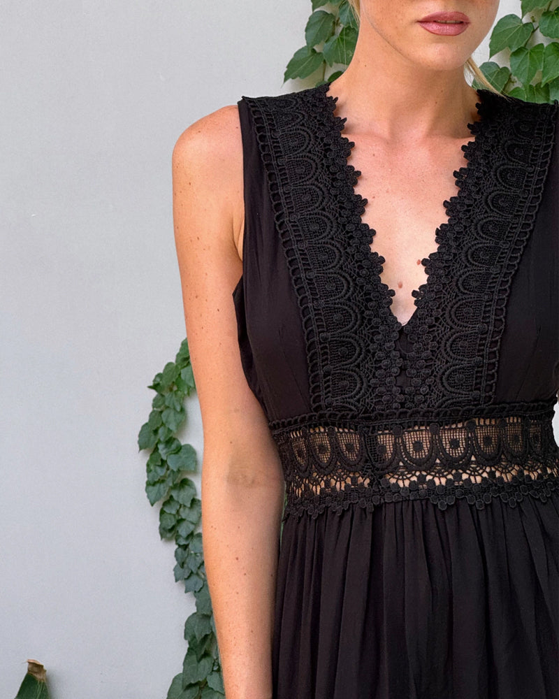 Robe midi femme dentelle col V sans manches fluide élégante été