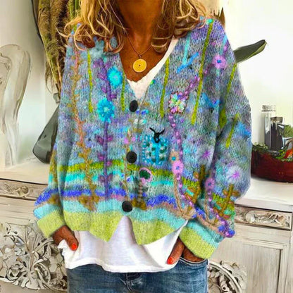 Damen Floral Strickcardigan | Mit Knopfleiste