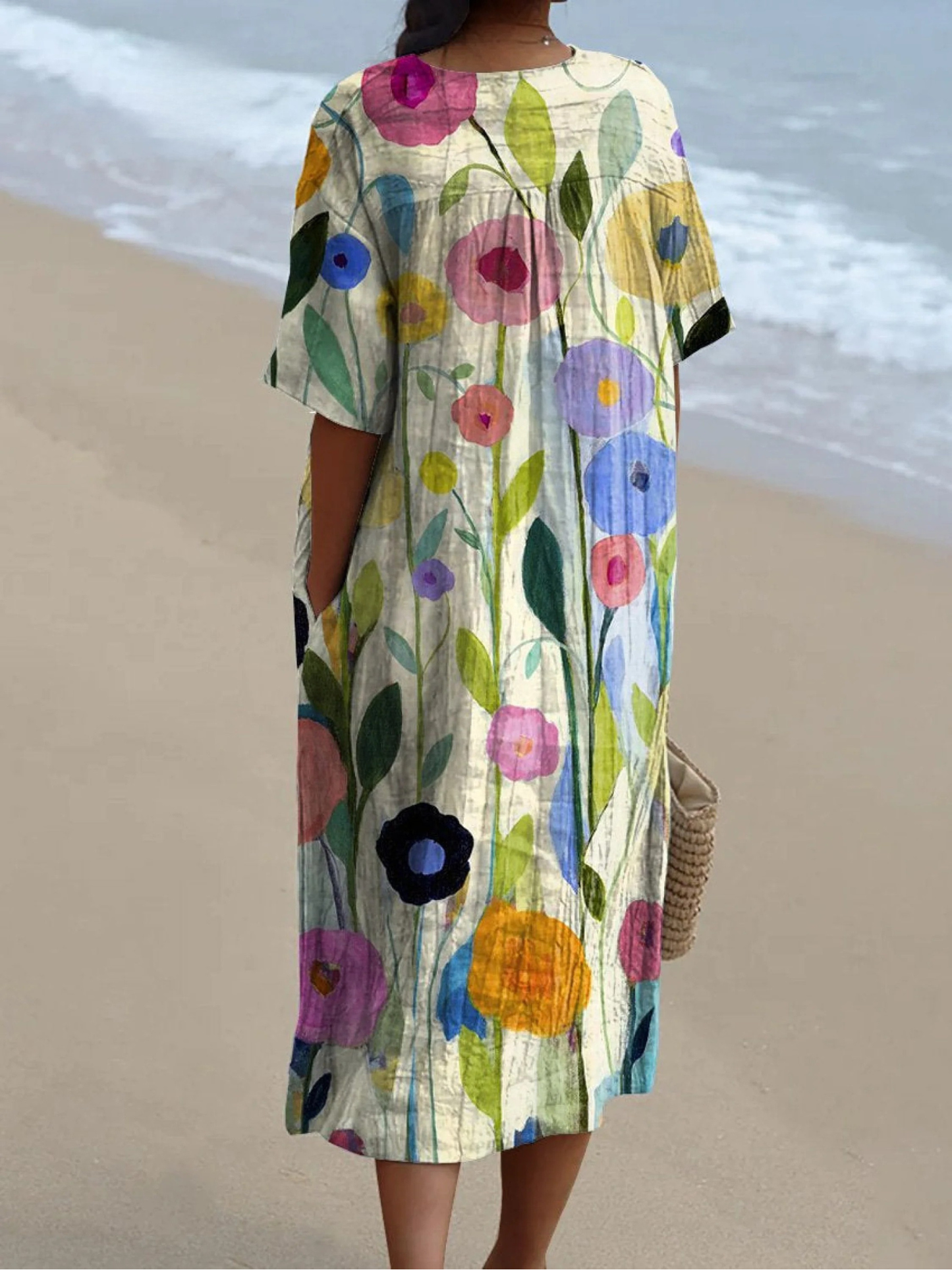 Women's Linen Blend Floral Print V-Neck Short Sleeve Casual Loose Fit Midi Dress