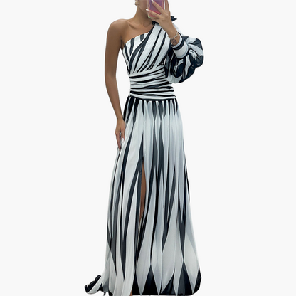 Susan - Ein-schultriges - Print Puff Ärmel Maxi Kleid mit Schlitz