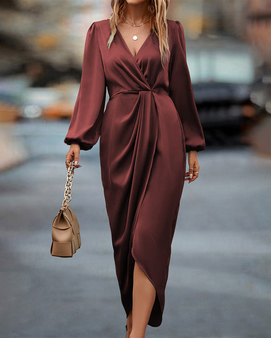 Dress Linen Blend Wrap Midi Long Sleeve Spring Women’s Casual Work Dress