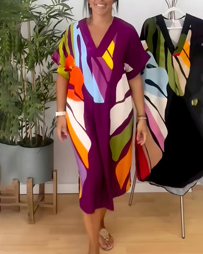 Robe Femme Imprimé Feuillage Coupe Ample Col V Style Décontracté